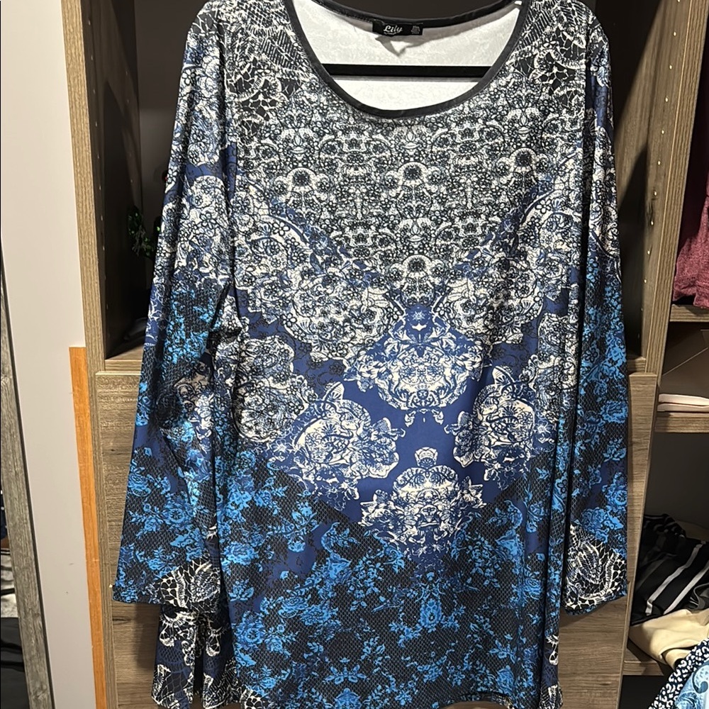 Cato Blue and White Long Sleeve Tunic Blouse